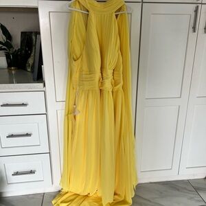 Elegant Yellow Cape Gown - LanTing Halter Neck Pleated Maxi Dress